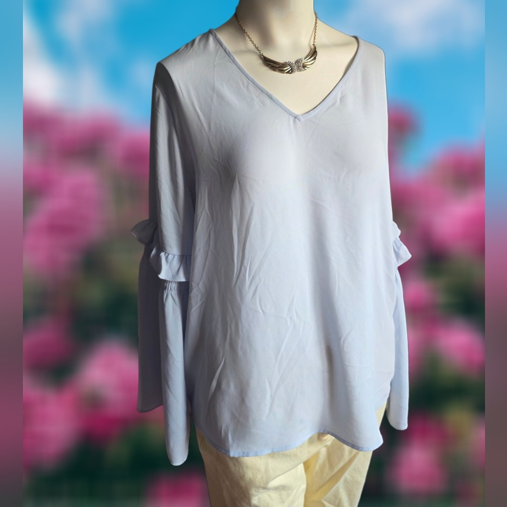 LOFT Light Blue Flowy Blouse Bell Sleeve Top Size M
